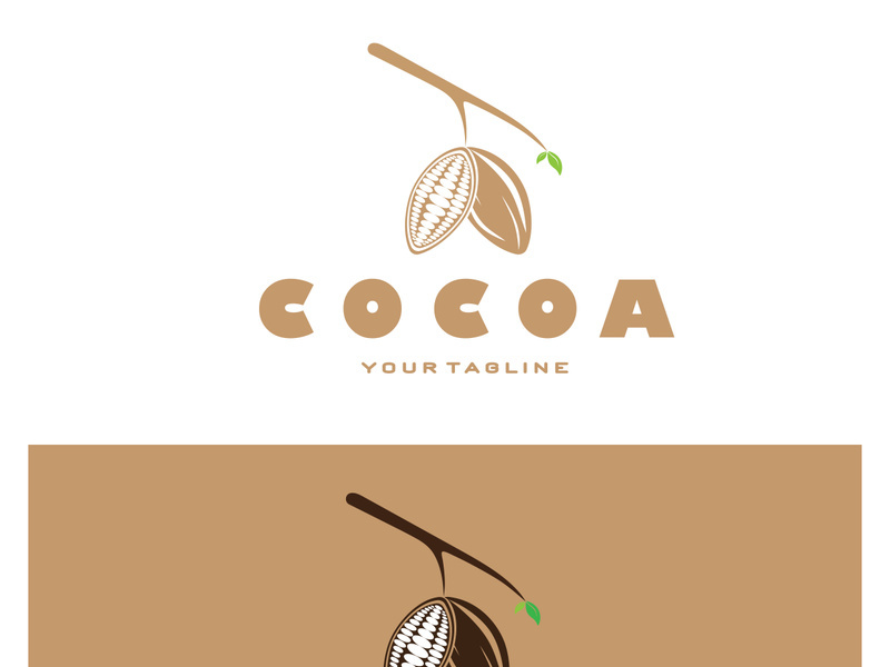 cocoa logo,cocoa bean,cocoa tree,cocoa branches and leaves,chocolate mix on white background,vintage,modern,simple,minimalist icon illustration template design vector