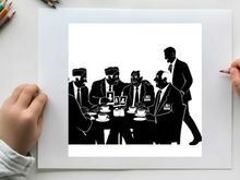 Silhouette of men in suits gathered around a table with cups and pictures