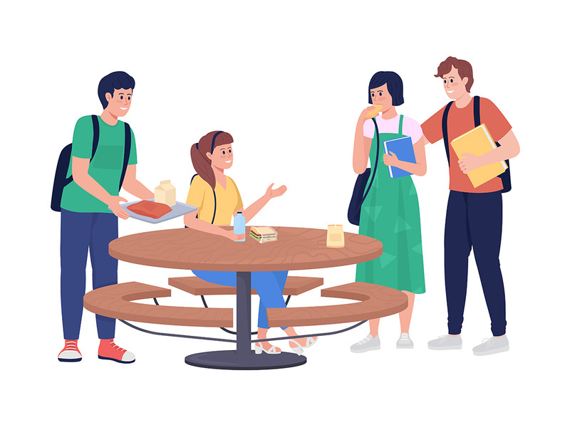 Students on outdoor lunch semi flat color vector characters