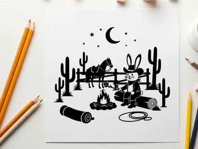 Desert night silhouette cowboy bunny by campfire under starry sky with silhouette
