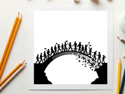 Silhouette of people walking across a bridge in a line