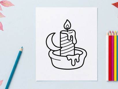 Hand-drawn Halloween candle melting with dripping wax. Spooky holiday illustration of lit taper candle in ceramic holder for festive decor.