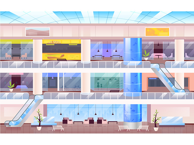 Shopping center flat color vector illustration