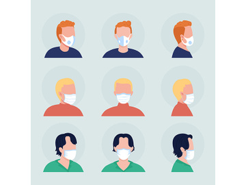 Face covering semi flat color vector character avatar with mask set preview picture