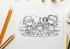 Kids building sandcastle beach fun flat design vector illustration