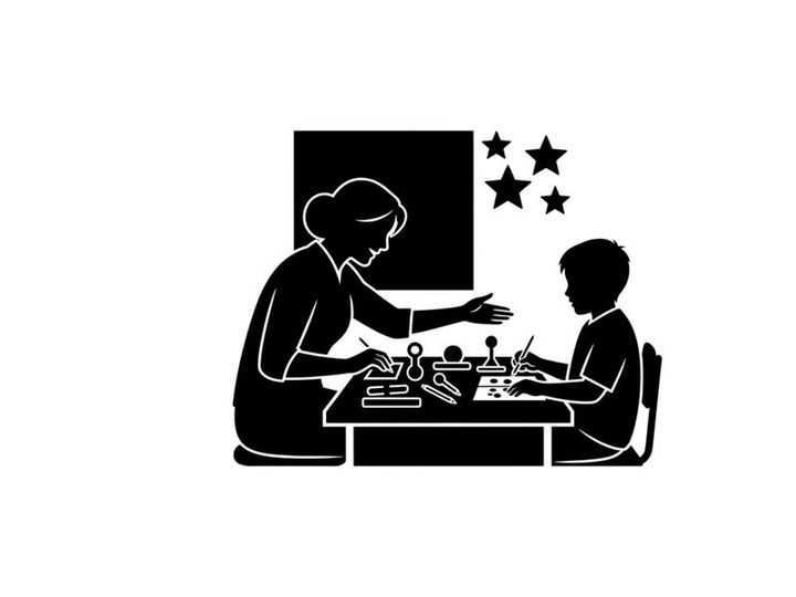 Silhouette of a woman teaching a child to play chess with stars