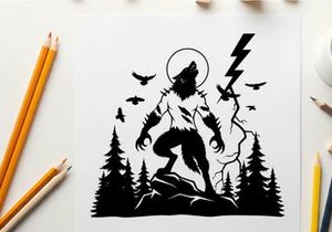 Silhouette of a werewolf in a forest with lightning and birds silhouette