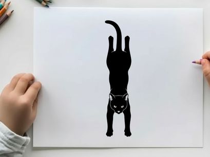 Black cat silhouette doing a handstand on white background