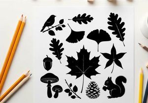 Silhouette of forest elements including leaves acorns and animals