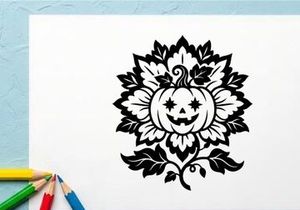 Halloween Pumpkin Face Illustration with Floral Design