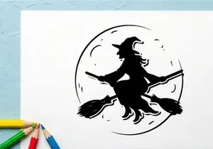 Whimsical witch silhouette flying on broomstick at moonlit night