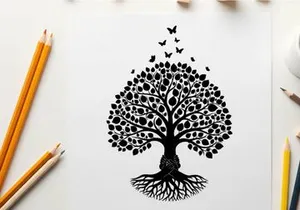 Silhouette of a tree with roots and butterflies flying away