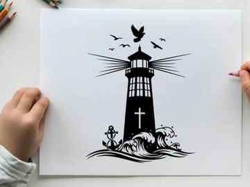 Lighthouse silhouette with cross and birds flying overhead preview picture