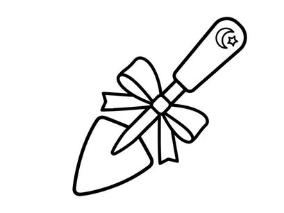 Garden trowel with a decorative bow. Hand tool for planting with moon and star icon.