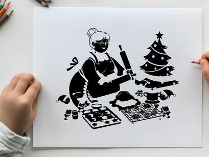 Black silhouette of woman baking christmas cookies with tree