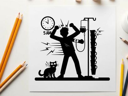 Silhouette of a person flexing with a cat and iv pole