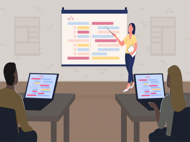 Programming course flat color animated illustration