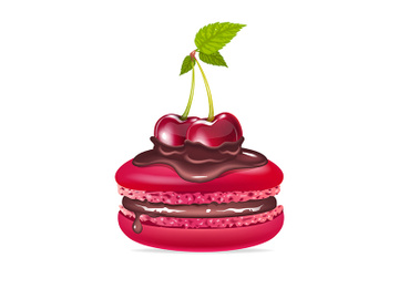 Macaroon, creamy dessert with chocolate and cherries realistic vector illustration preview picture