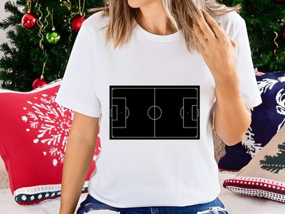 A soccer field diagram with markings and goals on a white background