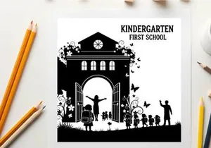 Silhouette of children and teacher outside kindergarten first school building