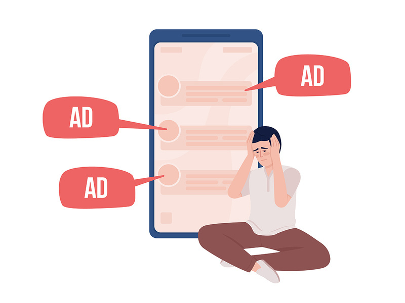 Sad man tired of annoying ads vector character