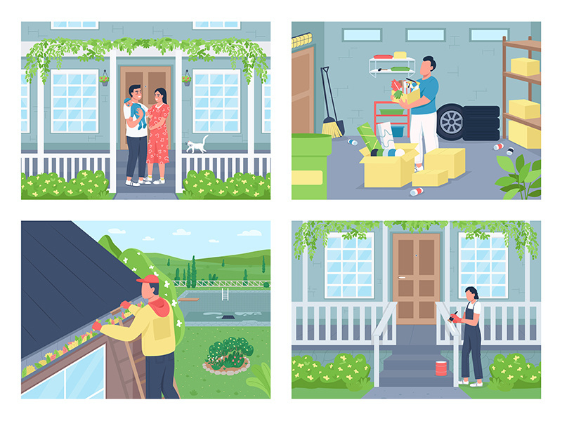 Residential life, spring home cleaning flat color vector illustration set
