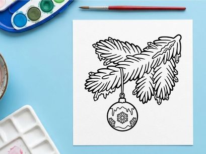 Ilustrasi seni garis pohon natal dengan hiasan gantung, seni garis liburan meriah.