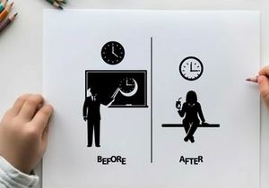 Silhouette of teacher before and after explaining a clock