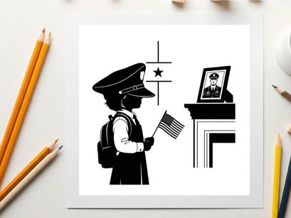 Silhouette of a child holding american flag before a military portrait silhouette