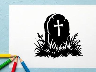Silhouette of a gravestone with cross in a grassy cemetery scene