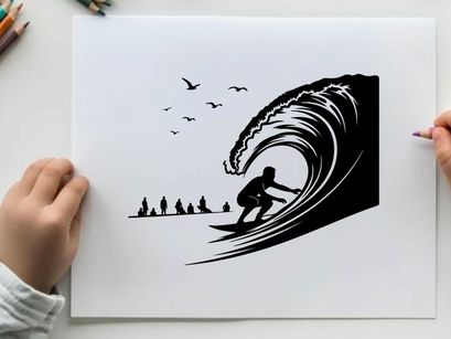 Surfer riding massive wave in silhouette style