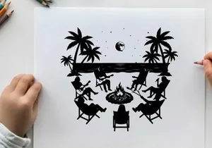 Silhouette of people sitting around a beach campfire at night