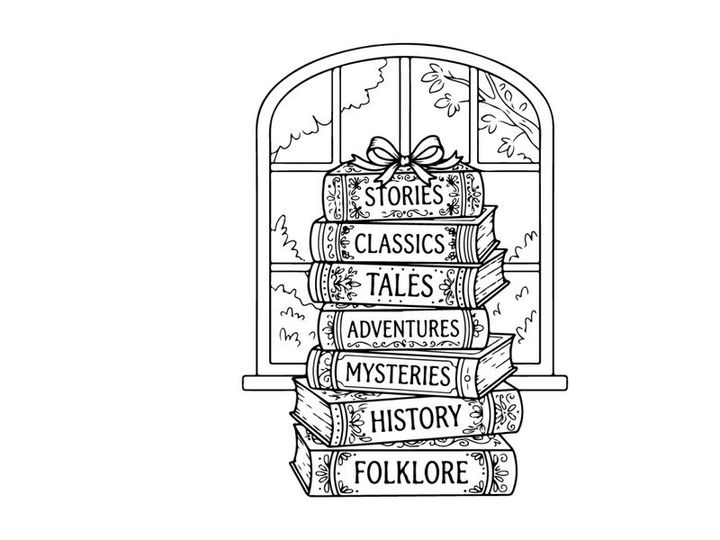 Stack of Christmas books with bow in front of window, hand drawn line art illustration.