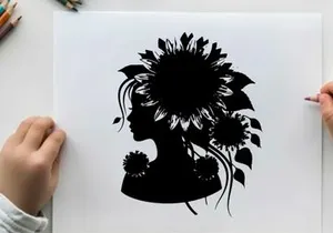 Silhouette of a woman with sunflowers in her hair