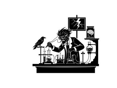 Mad scientist in lab with raven and silhouette equipment