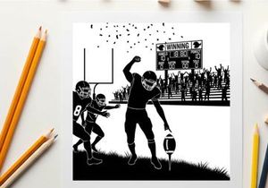 Silhouette of a football player celebrating a touchdown with confetti