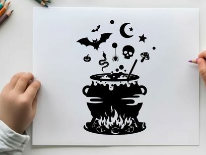 Silhouette of a witch's cauldron on fire with spooky elements