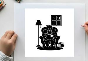 A silhouette of a bear reading in a cozy chair at night