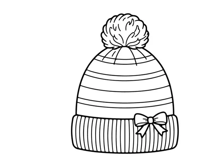 Hand-drawn striped winter knit beanie with snowflake bow for festive holiday gift wrapping
