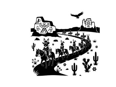 Western desert landscape with cowboy and donkey silhouette