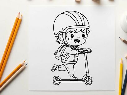 Child riding scooter with helmet vector illustration