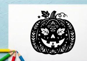 Schwarz-Weiß Halloween-Kürbis mit Fledermaus- und Blatt-Design