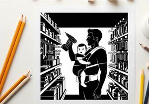 Silhouette of a man holding a baby and a drill in a store