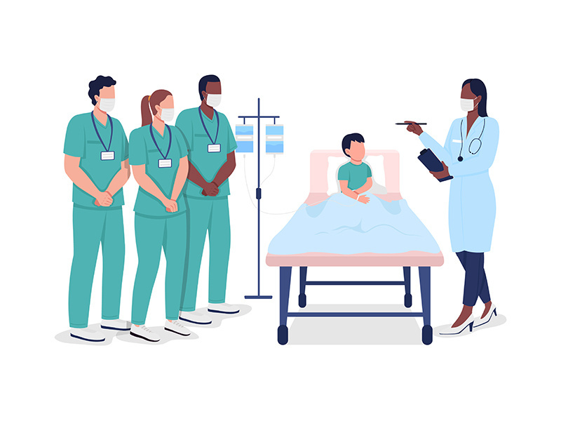 Medical interns during professional training flat color vector faceless characters