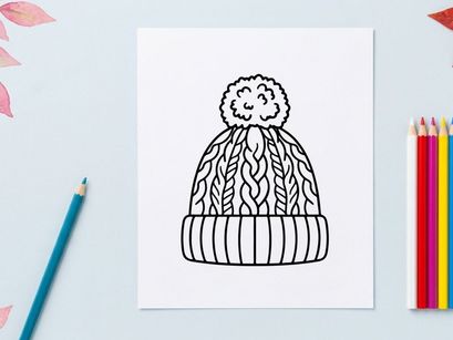 Topi rajutan musim dingin dengan ikon pompom, ilustrasi seni garis hitam putih sederhana.