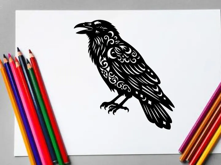 Intricate black and white raven illustration for design and art