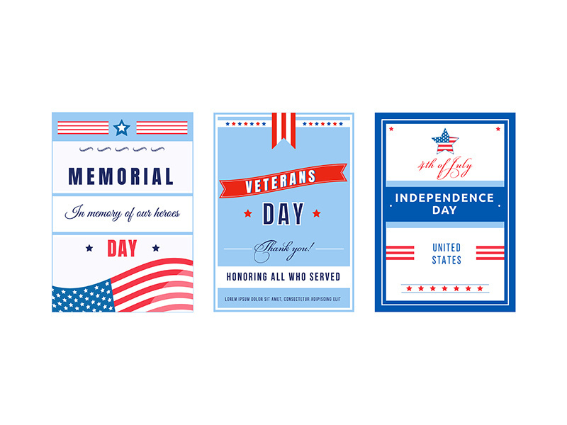 US national holiday poster flat vector templates set
