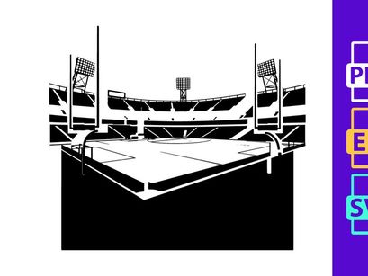 Black and white illustration of an empty sports stadium with floodlights