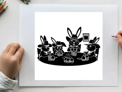 Silhouette of rabbits in hats playing poker with chips and cards