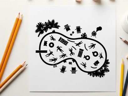 Silhouette of a theme park with various rides and attractions silhouette